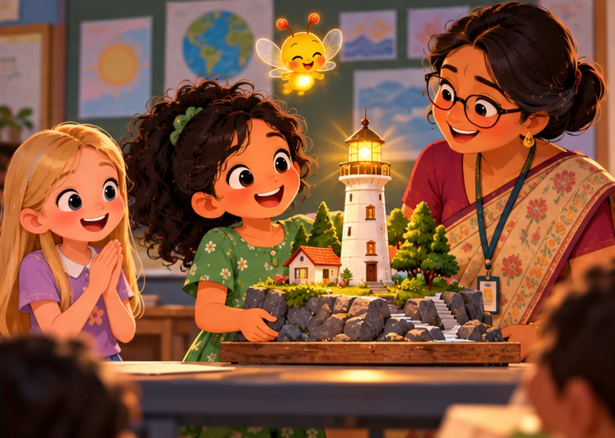 Maya proudly shows her glowing lighthouse model to her teacher and Tara at school