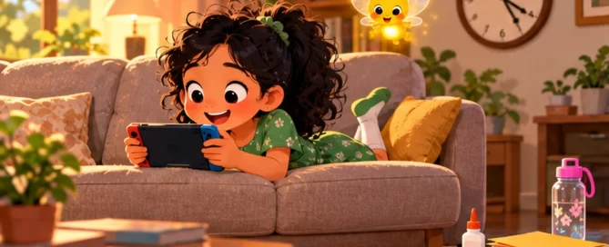 Maya, a girl in a green dress, lies on the sofa playing a game while a clock and an unfinished science project sit behind her, with Pip the firefly glowing