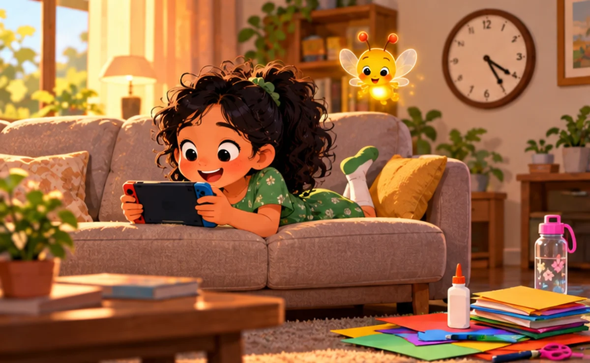 Short Story on Time Management for Kids Maya, a girl in a green dress, lies on the sofa playing a game while a clock and an unfinished science project sit behind her, with Pip the firefly glowing