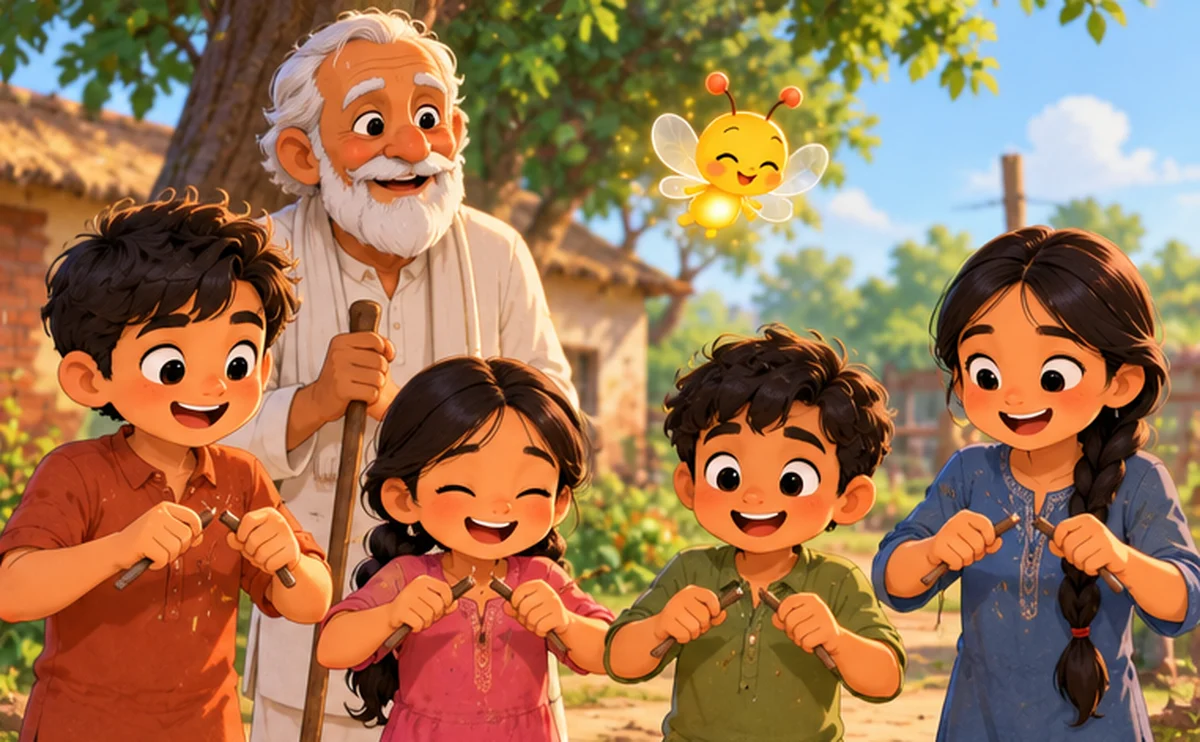 Four children each snap a single stick in half while their father watches