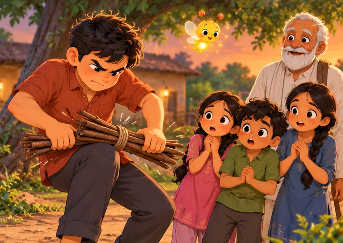 The eldest son strains to break the tied bundle of sticks over his knee while the others watch in surprise