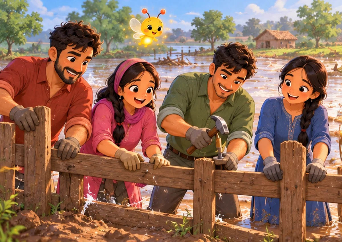 The four grown-up children work together to rebuild a fence on their farm after a flood