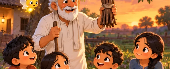 An old farmer holds a bundle of sticks tied with rope in front of his four children while Pip the firefly glows nearby