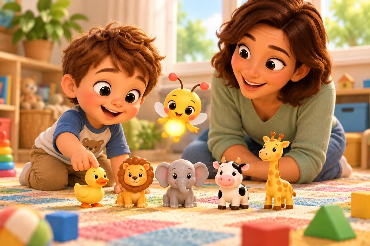 A toddler counts five toy animals in a row, a duck, lion, elephant, cow and giraffe, while Pip the firefly helps