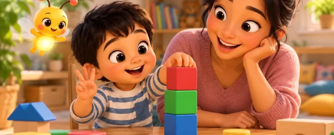 A toddler touches a tower of three toy blocks and holds up three fingers while a parent and Pip the firefly cheer