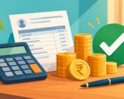 Illustration of a calculator, salary slip and rupee coins with a green tick, representing an income tax calculation