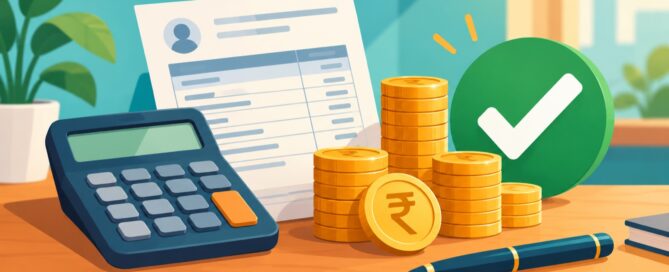 Illustration of a calculator, salary slip and rupee coins with a green tick, representing an income tax calculation