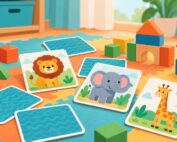 Colourful animal matching cards and wooden blocks on a play mat, illustrating memory games for toddlers