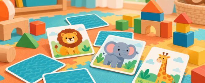 Colourful animal matching cards and wooden blocks on a play mat, illustrating memory games for toddlers