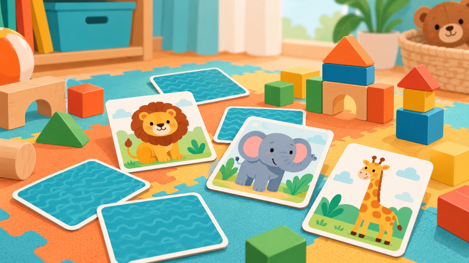 Colourful animal matching cards and wooden blocks on a play mat, illustrating memory games for toddlers