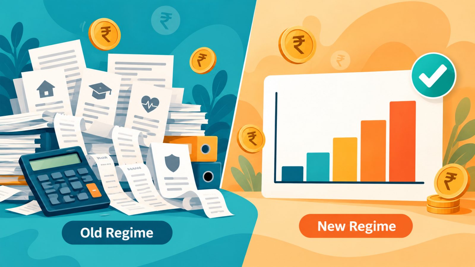 Old vs New Tax Regime FY 2026-27 hero Illustration comparing the old tax regime, shown as a pile of tax-saving documents and a calculator, with the new tax regime, shown as a simple slab chart with a tick