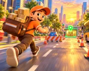 3D cartoon courier in an orange cap running down a busy city street with a bag full of parcels at sunset