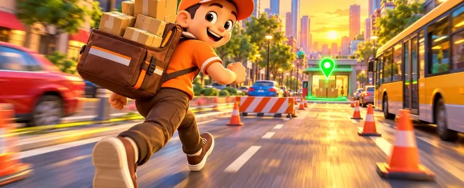 3D cartoon courier in an orange cap running down a busy city street with a bag full of parcels at sunset