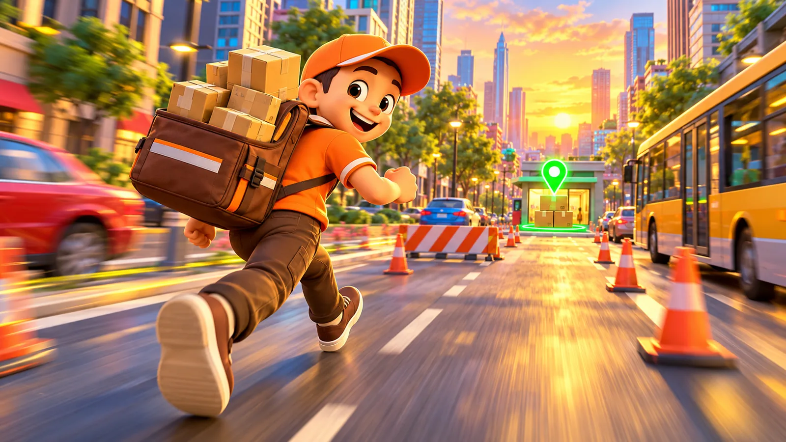 3D cartoon courier in an orange cap running down a busy city street with a bag full of parcels at sunset