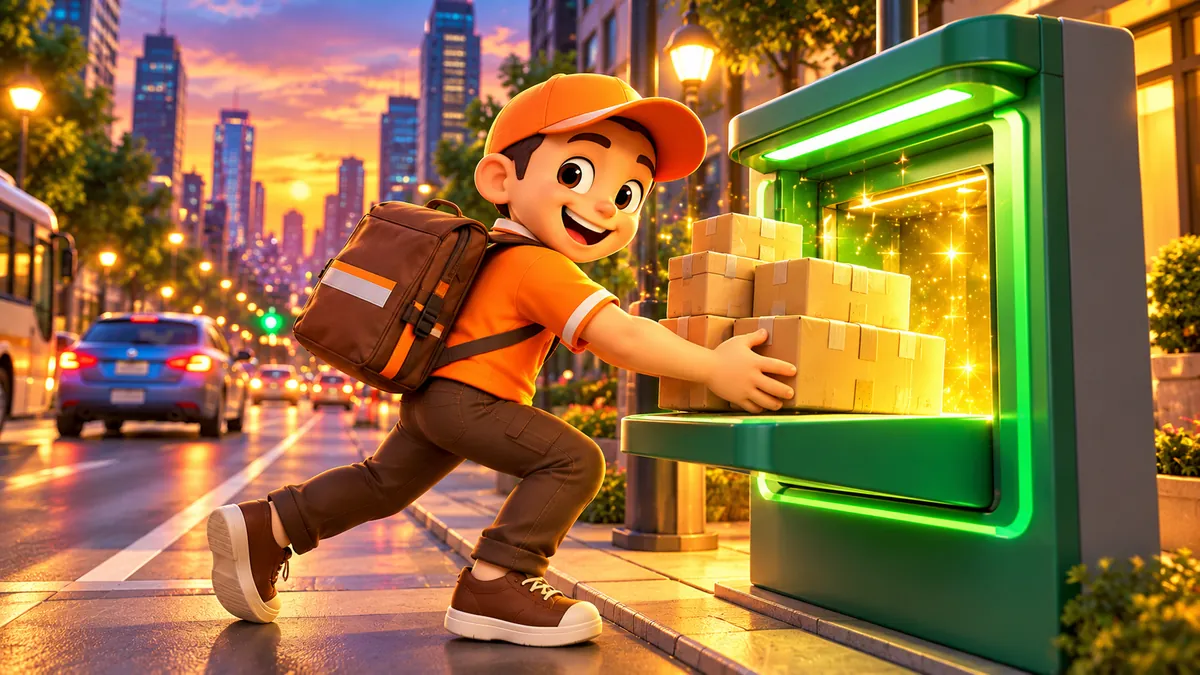Cartoon courier sliding five parcels into a glowing drop-point box