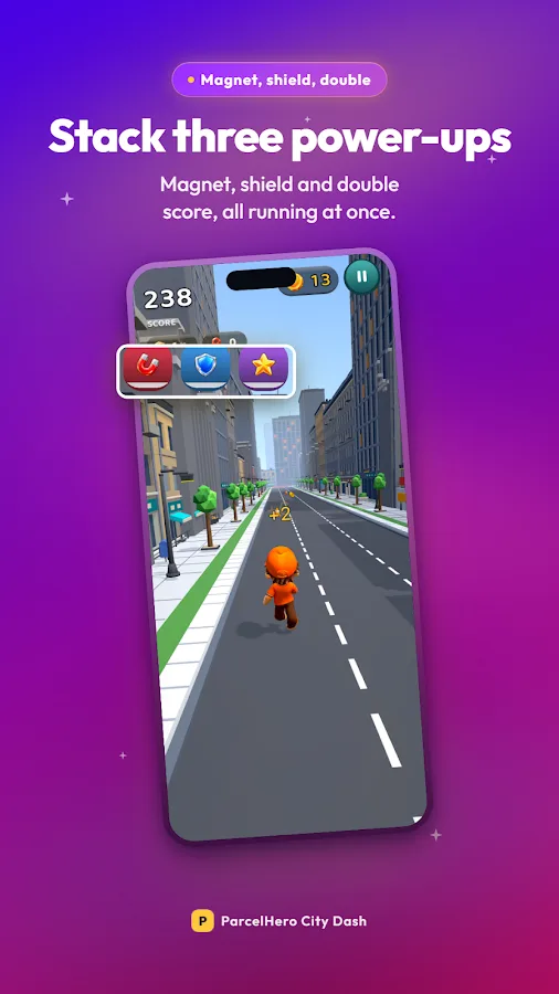 ParcelHero City Dash screenshot: stack three power-ups — magnet, shield and double score
