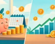 Illustration comparing a piggy bank and calendar with a rising market chart, representing RD versus SIP for short-term goals