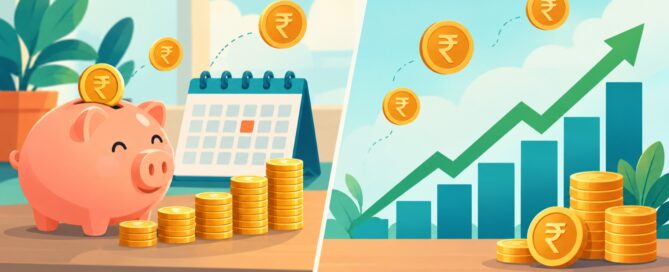 Illustration comparing a piggy bank and calendar with a rising market chart, representing RD versus SIP for short-term goals