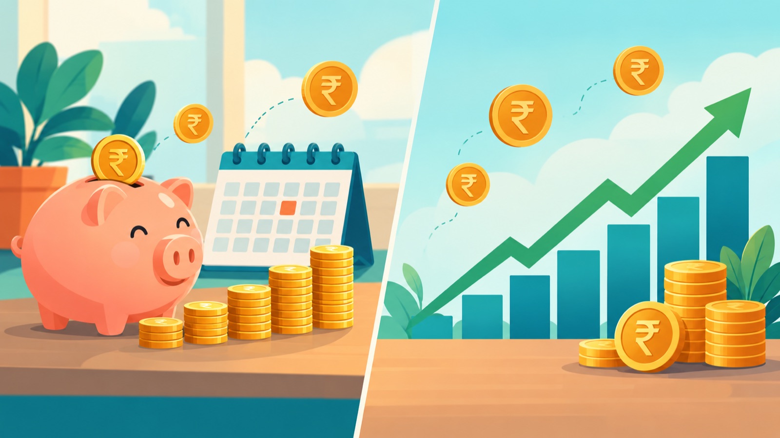 Illustration comparing a piggy bank and calendar with a rising market chart, representing RD versus SIP for short-term goals