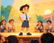 A young schoolboy standing tall and confident on a small stage with classmates smiling in the background