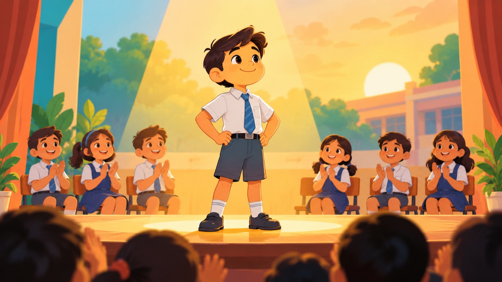 Short Story on Courage for Kids (With Moral) hero A young schoolboy standing tall and confident on a small stage with classmates smiling in the background