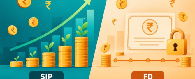Split illustration comparing a SIP growth chart with stacked coins against a fixed deposit certificate with a padlock